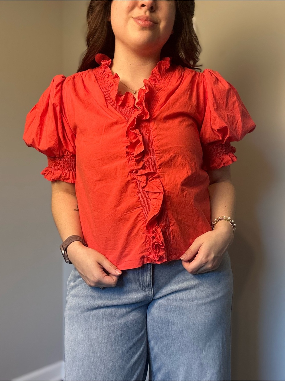 &merci Ruffled Puff-Sleeve Red Blouse Size M